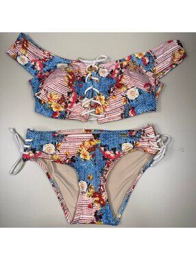 Splash Swimwear Floral Lace-Up Off Shoulder Bikini Set Women’s Medium